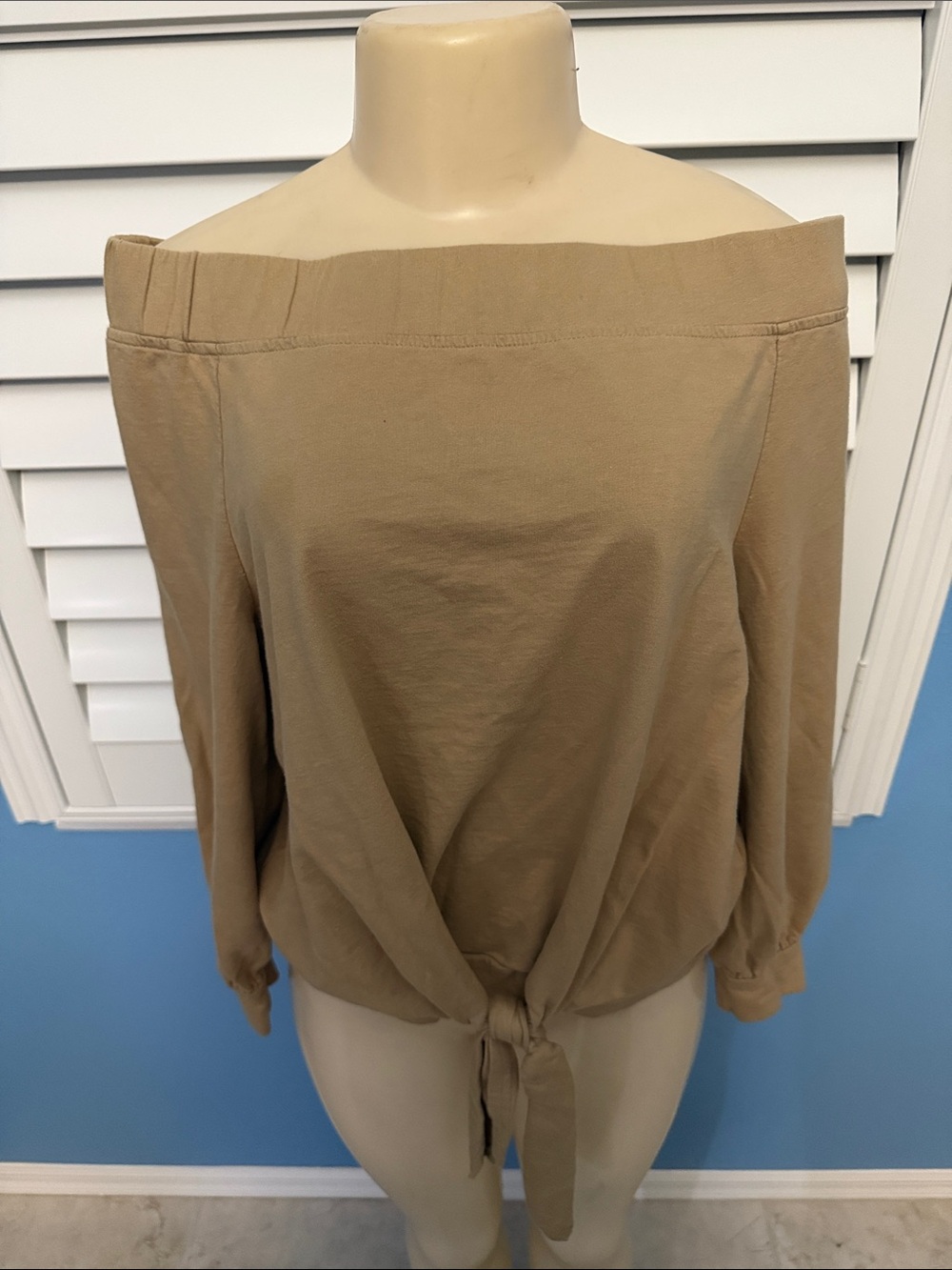 Fashion Nova Off-Shoulder Tie-Front Blouse — Tan